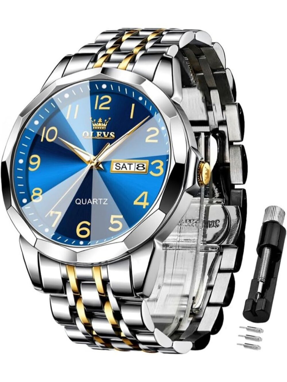 Men's Silver Blue Analog Simple Business Stainless Waterproof Luminous Watch